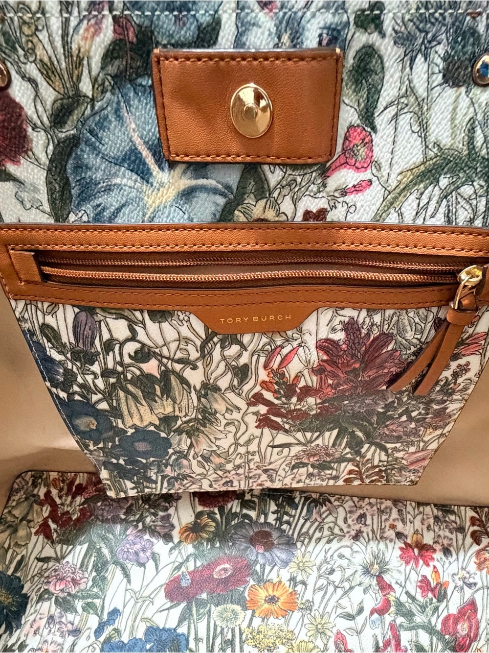 Tory Burch Multicolor Floral Canvas Tote with Tan Leather Handles - Picture 6 of 6